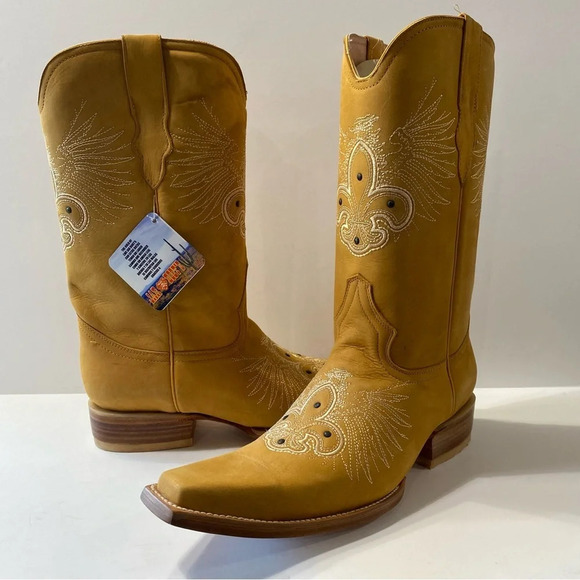 Jar Boots "NEW" Camel Color Embroidered Square Toe Mid Calf Pull On Boots Size 9 - Picture 8 of 10